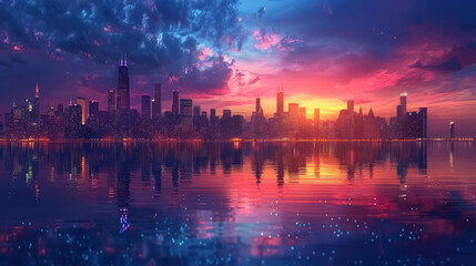 Naklejka premium dramatic sunset over city skyline with reflections on water, urban landscape photography