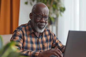 Older Man Sitting at Table Using Laptop Computer