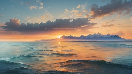 Sunset against the sea and mountains