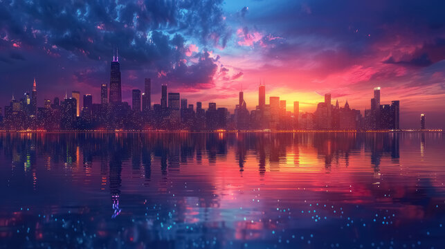 dramatic sunset over city skyline with reflections on water, urban landscape photography