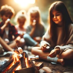 Kids with marshmallows sitting beside a campfire, summer camp concept - obrazy, fototapety, plakaty
