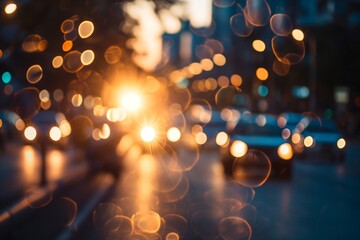 Abstract image of blurry city lights creating a warm bokeh effect on a bustling street during the twilight hour, with an enchanting atmosphere - obrazy, fototapety, plakaty