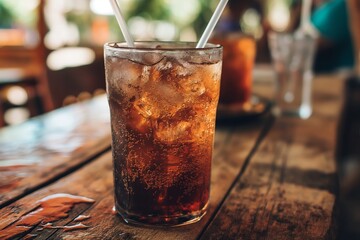 A cold, refreshing iced soda with bubbles and condensation stands on a table, symbolizing summer refreshment and casual dining