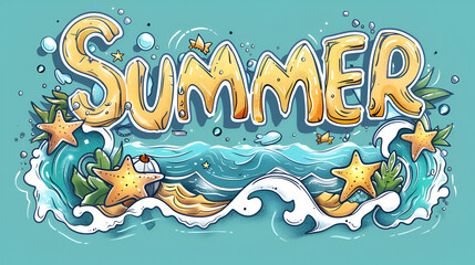Summer welcome illustration with sea waves and sun with clouds, ai generated
