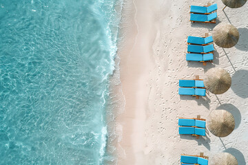 Top view of the beach with sunbeds and umbrellas with . Copy space,  - obrazy, fototapety, plakaty