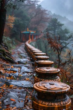 Buddhist Prayer Wheels Spinning Alongside a Mountain Path