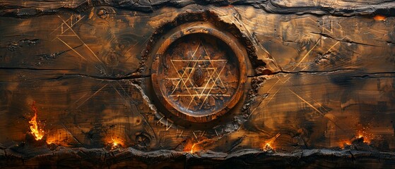 Kabbalistic Tree of Life Symbol Etched into Wood The mystical diagram blurs into the material