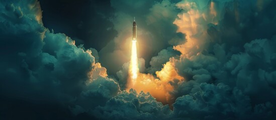 A rocket launching into the sky with clouds - Powered by Adobe