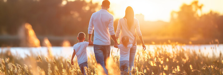 Depicting a heartwarming scene, a family enjoys quality time together while walking through a wheat field at sunset - obrazy, fototapety, plakaty