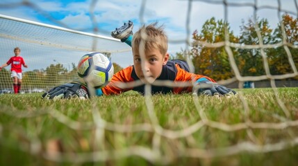goalkeeper boy saving the ball over the goal net in high resolution and high quality