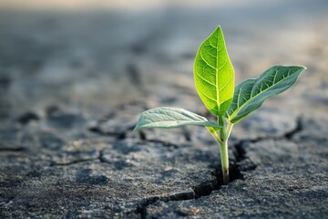 A hopeful young plant emerges from a barren landscape of dry cracked soil, symbolizing new life and resilience - obrazy, fototapety, plakaty