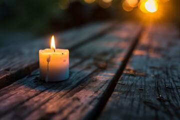A single lit candle provides a warm, inviting light on an aged wooden surface, creating a mood of reflection - obrazy, fototapety, plakaty