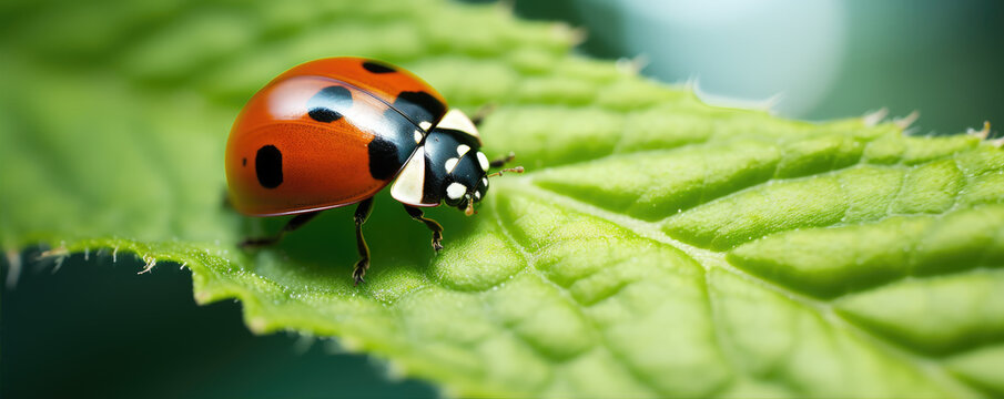 Ladybug maro shot on green leaf. Ledybird detail in natural habitat.