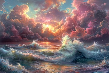 A captivating painting of a vivid sunset casting warm hues over the tranquil ocean, with the sky ablaze in a palette of orange, pink, and purple. - obrazy, fototapety, plakaty