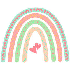 Cute love boho rainbow with hearts, vector illustration.