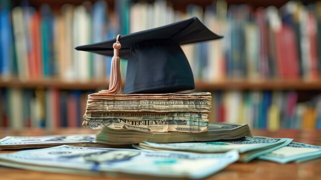 A black cap with a gold tassel sits on top of a stack of books and a pile of money