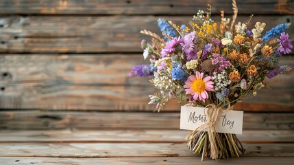 Wonderful Bouquet of dried flowers with mothers day card on the wooden tab