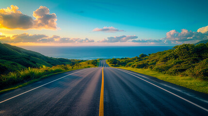 Naklejka premium Open road leading through a picturesque landscape, invoking the spirit of adventure and the freedom of travel