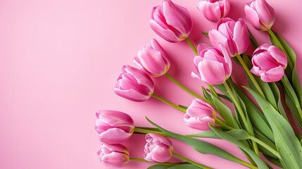 Superb Bouquet of pink tulips on pink background, Mothers day, Valentines Day