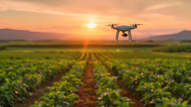 A drone is flying over a field of green plants. The sky is orange and the sun is setting