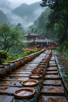 Buddhist Prayer Wheels Spinning Alongside a Mountain Path