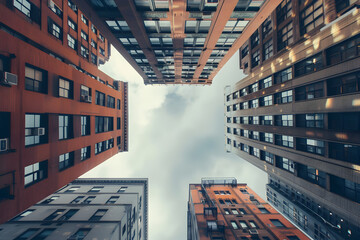 A city skyline with a cloudy sky and a building in the middle. The buildings are tall and have many windows. Generative AI