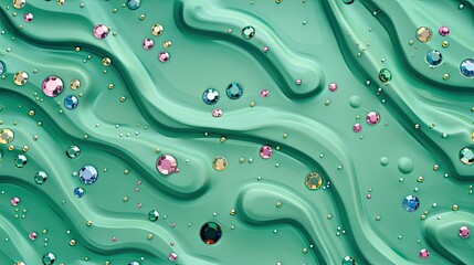 This is an abstract image showcasing a wavy green texture adorned with colorful gemstones