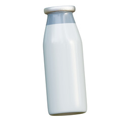 A bottle of milk. Glass container with fresh milk produced on the farm. Natural product. 3D render illustration in cartoon style. Transparent background, isolation.