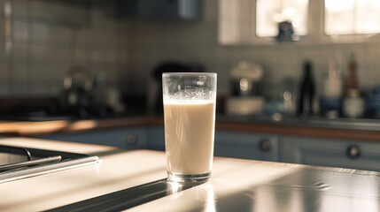 Glass of Milk on a Modern Kitchen Counter Symbolizing Health, Power, and Calcium - obrazy, fototapety, plakaty