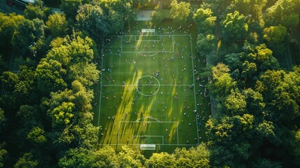 Vibrant aerial view of children s soccer match with excited parents in community park