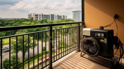 Hanging Air compressor at the balcony of rooms in Condominium, works by The coil controls the evaporation - obrazy, fototapety, plakaty