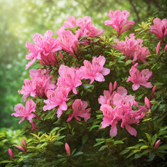 Natural Azalea Flowers With Dreamy Green Foliage Background