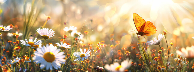 daisies and butterflies in the morning sun