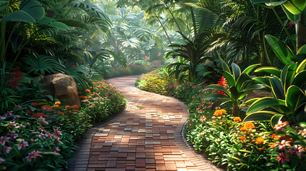 A paved walkway winding through a botanical garden - obrazy, fototapety, plakaty