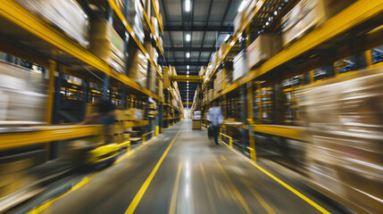 busy Warehouse with Workers Managing Inventory motion blur , busy workflow of hardware store emplyess group of worker in large