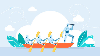 A robot controls the work of other robots. Ai or artificial intelligence concept with ai robot looking through telescope into future. Technology advance, innovation, automation. Vector illustration.