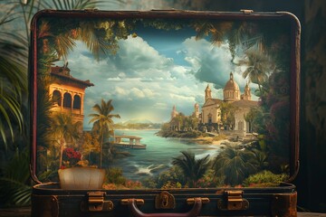 A creative concept depicting an idyllic tropical landscape within an open vintage suitcase, symbolizing travel and escapism. - obrazy, fototapety, plakaty