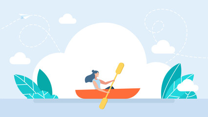 Happy active woman rafting on kayak or canoe along river. Businesswoman with boat and adventure rowing. Concept water sports, kayaking, activity, rafting, canoe. Vector cartoon illustration