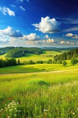Fototapeta premium Beautiful summer landscape with green meadow and blue sky with clouds