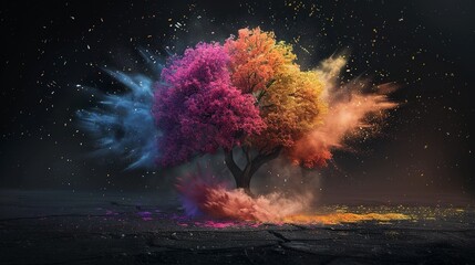 A tree made of colorful dust on a black background starts to be blown away by the wind - obrazy, fototapety, plakaty