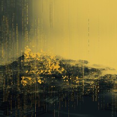Yellow animation of glitched looping binary codes over fog-covered background pattern banner with copy space