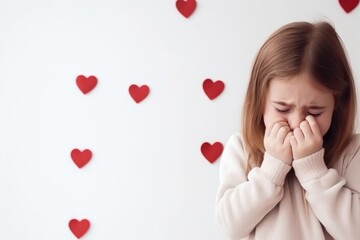 A young girl crying amidst a backdrop of paper hearts, evoking feelings of sadness or a tender moment. Child Crying Surrounded by Paper Hearts