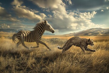Naklejka premium A zebra and a domestic cat sprint across a golden savannah under a dramatic sky.