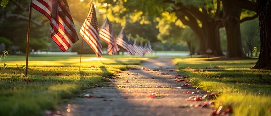 Honoring Fallen Heroes: Rows of American Flags at Military Cemetery on Memorial Day. Concept Patriotic Tributes, Memorial Day, Military Cemetery, American Flags, Fallen Heroes - obrazy, fototapety, plakaty