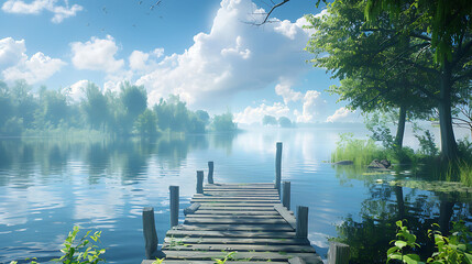 A peaceful riverside scene with a wooden fishing pier