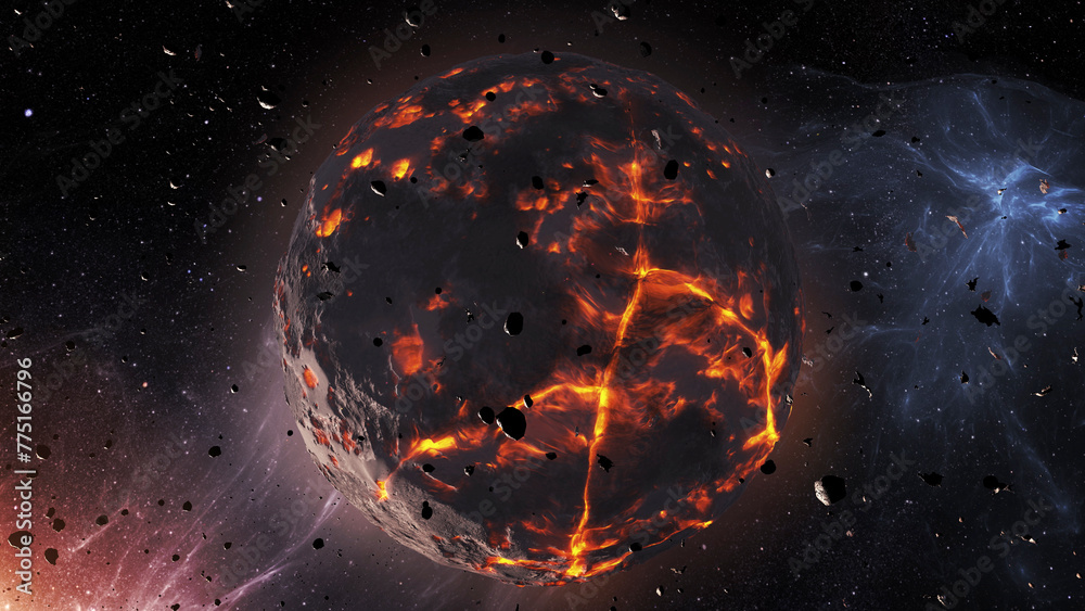 Wall mural 3d rendering- dying planet with asteroids in deep space cinematic view of dead planet