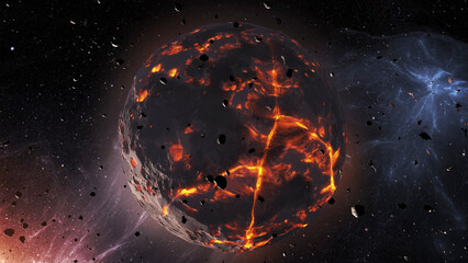 3d rendering- Dying planet with asteroids in deep space  
Cinematic view of dead planet
