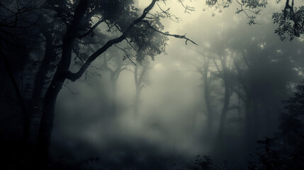 Obraz na płótnie Canvas Black and white photo of forest, dark gloomy landscape, fog in the woods