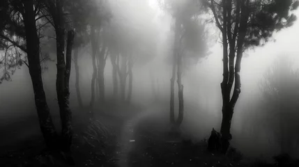 Outdoor-Kissen Black and white photo of forest, dark gloomy landscape, fog in the woods © Alexandra