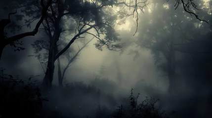 Foto op Plexiglas Black and white photo of forest, dark gloomy landscape, fog in the woods © Alexandra